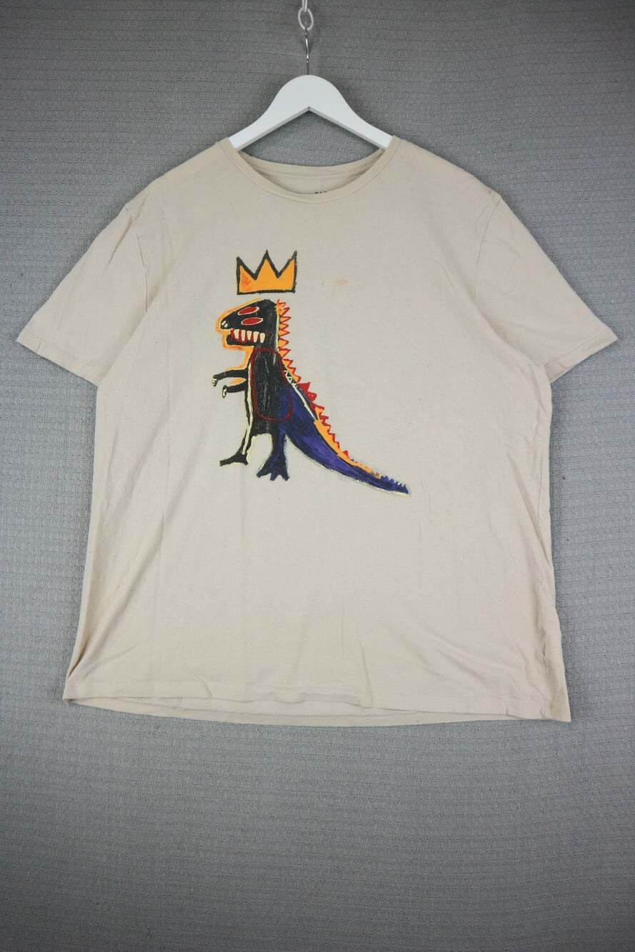Gap Men Beige Short Sleeve Crewneck T-Shirt Size XL Jean-Michel Basquiat Dinosau